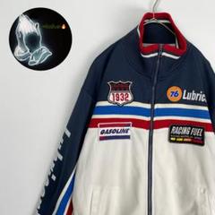 【トラックジャケット ワッペン プリントデザイン 白 ネイビー 青 赤 古着】