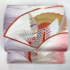 B496 正絹 六通袋帯 唐織 24K金箔 孔雀 扇 美品 着物